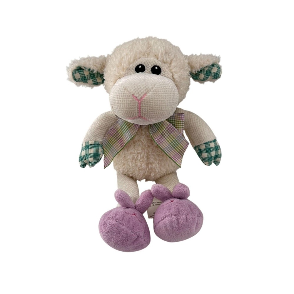 Pier 1 Imports Lamb Plush Sheep‎ Pearl Plaid Accents Purple Feet Soft Easter